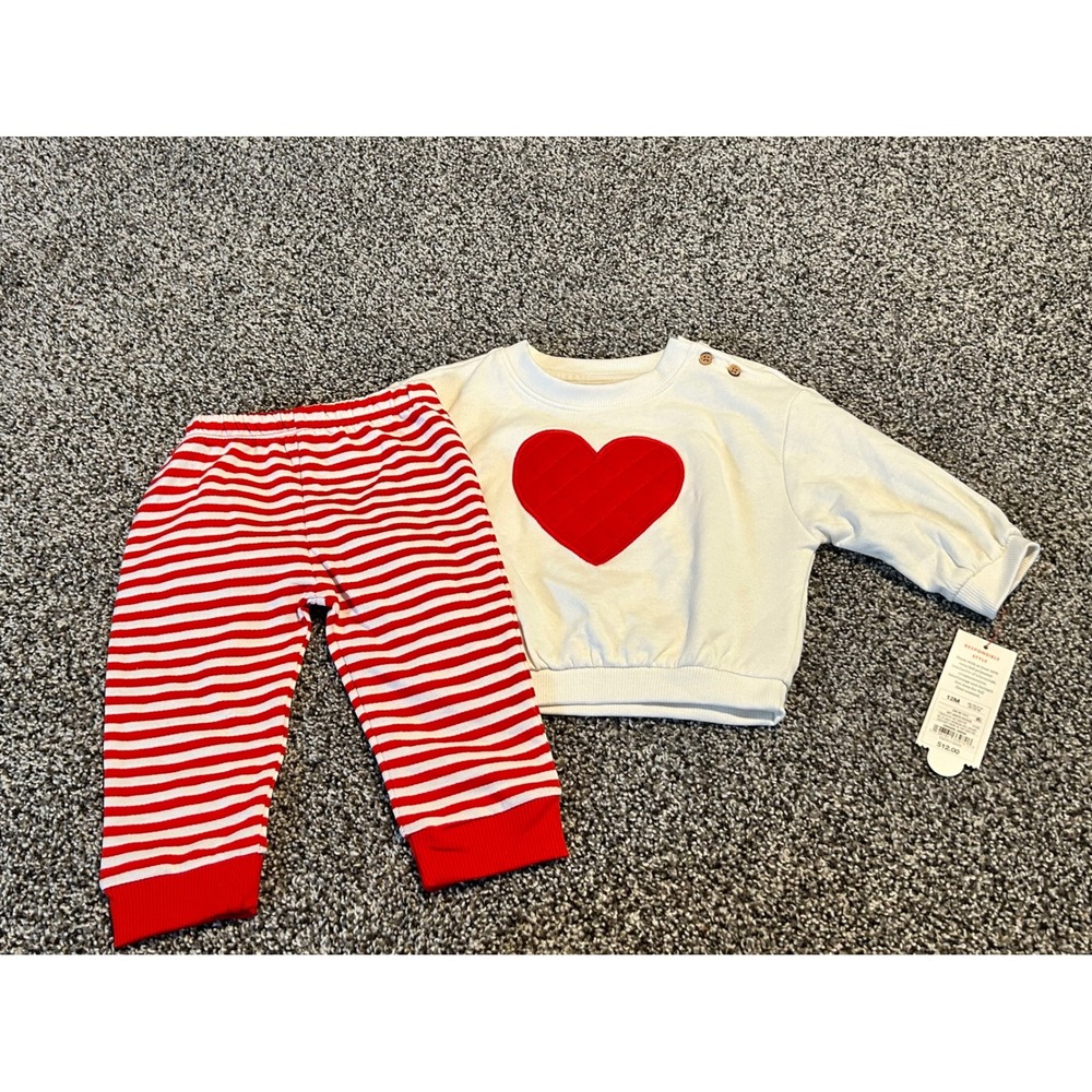 Cc3 Cat‎ & Jack Baby Outfit Set 12M White Heart Sweatshirt Red Striped Pants NWT